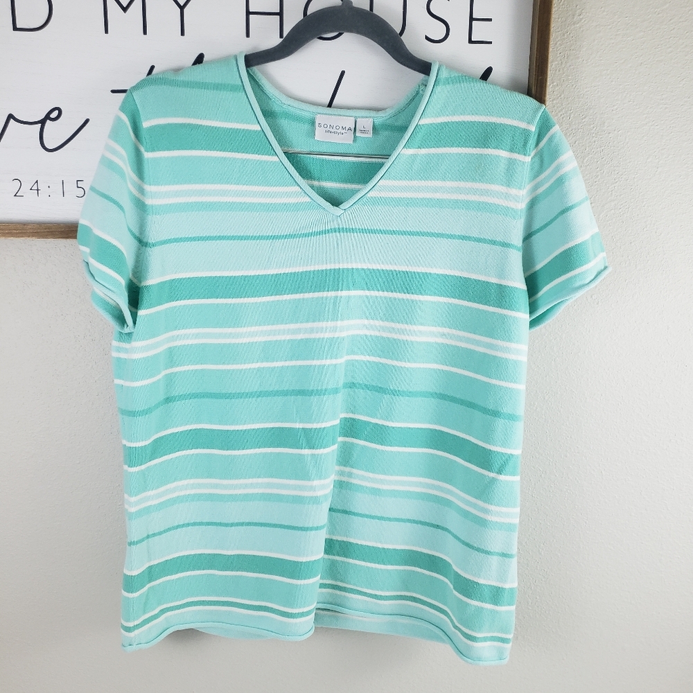Sonoma Vintage Short Sleeved V Neck Striped Sweater Blue Green Size Large
